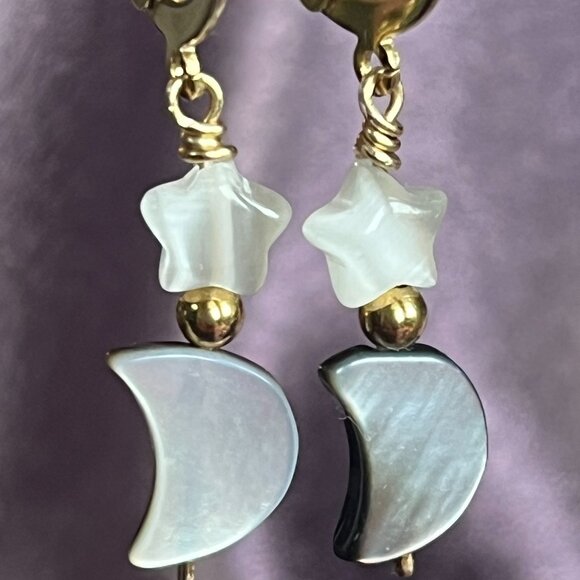 Moon and Star Earrings, Mother of Pearl, Celestial - Picture 2 of 5